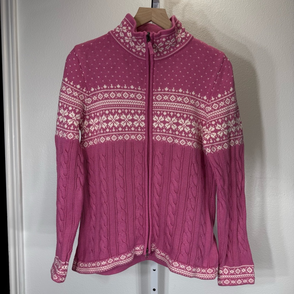 LL‎ Bean Pink White Nordic Fair Isle Sweater Cable Knit Size Medium